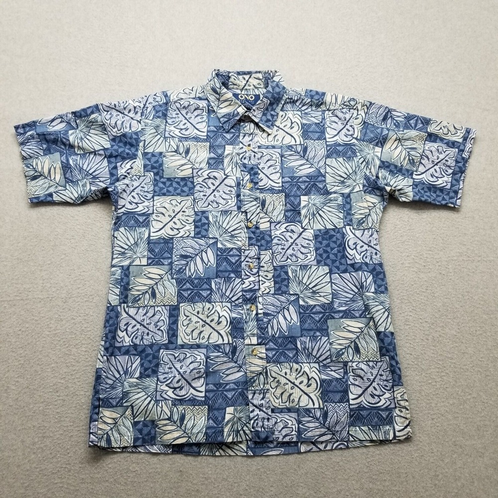 ONO Shirt Mens Large Blue Hawaiian Floral Button Up Short Sleeve 100%‎ Cotton